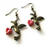 Bronzed Bird Earrings Jewelry With Red Heart
