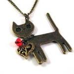 Bronzed Cat Necklace Jewelry With Heart Charm And..