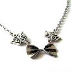 Antiqued Silver Bow Necklace Jewelry With Bird..