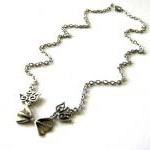 Antiqued Silver Bow Necklace Jewelry With Bird..