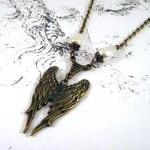 Bronzed Angel Wings Necklace Jewelry With White..
