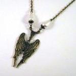 Bronzed Angel Wings Necklace Jewelry With White..