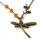 Bronzed Dragonfly Necklace Jewelry With Flower..