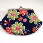 Green And Orange Flowers On Dark Blue Frame Pouch..