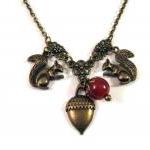 Squirrel And Acorn Necklace Jewelry With Carnelian..