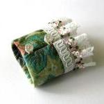Green And Pink Fabric Cuff Bracelet With White..