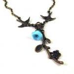 Bronzed Flower Branch Necklace Jewelry With Blue..