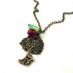 Antiqued Bronze Cat Necklace Jewelry With Red Bead..