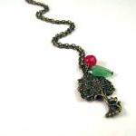 Antiqued Bronze Cat Necklace Jewelry With Red Bead..