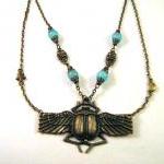 Antiqued Bronze Egyptian Scarab Necklace Jewelry..