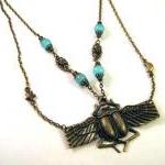Antiqued Bronze Egyptian Scarab Necklace Jewelry..