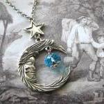 Antiqued Silver Moon And Star Necklace Jewelry..