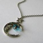 Antiqued Silver Moon And Star Necklace Jewelry..