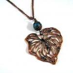 Simple Copper Leaf Necklace Jewelry With Teal..