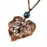 Simple Copper Leaf Necklace Jewelry With Teal..