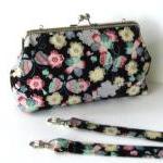 Butterflies And Flowers On Black Clutch Frame Bag..