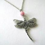 Silver Dragonfly Necklace Pink Jade Jewelry - Long..