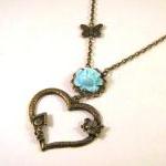 Blue Resin Flower Necklace Bronzed Heart Jewelry..