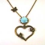 Blue Resin Flower Necklace Bronzed Heart Jewelry..