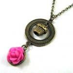 Cupcake Necklace Pink Flower Jewelry - Cute..