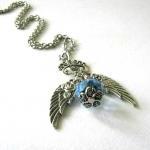 Antiqued Silver Wings Necklace Light Blue Crystal..