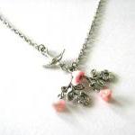 Light Pink Flower Necklace With Sparrow Antiqued..