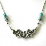 Antiqued Silver Flower Necklace Blue Howlite..