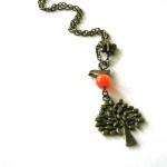 Tree And Bird Necklace With Orange Cats Eye Bead