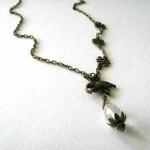 Antiqued Bronze Crane Necklace Clear Faceted..