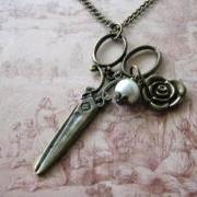 Vintage inspired scissor necklace jewelry with white pearl and rose