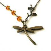 Bronzed dragonfly necklace jewelry with flower branch pendant and Czech amber flower beads