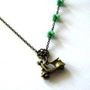 Antiqued bronze scooter necklace with aqua green flowers - Vespa necklace jewelry