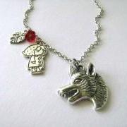 Red riding hood necklace wolf jewelry red flower