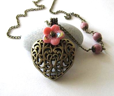 Antiqued Bronze Puffed Heart Necklace Jewelry With Rhodonite Stones And Pink Flower - Long Chain Necklace