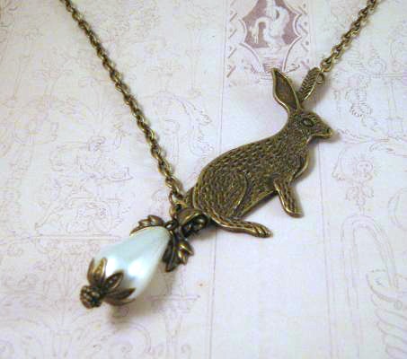 Antiqued Bronze Bunny Rabbit Necklace Jewelry With White Pearl