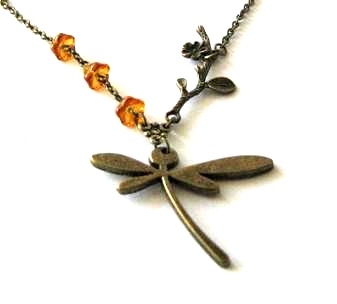 Bronzed Dragonfly Necklace Jewelry With Flower Branch Pendant And Czech Amber Flower Beads