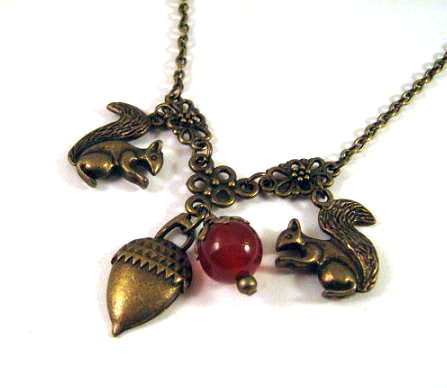 Squirrel And Acorn Necklace Jewelry With Carnelian Stone