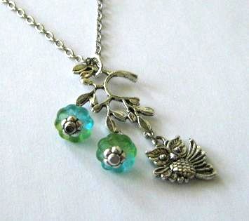 Antiqued Silver Owl Necklace Jewelry With Branch Pendant And Blue Green Flowers