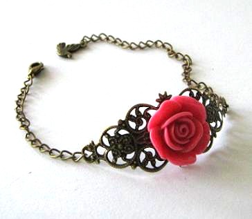 Fuchsia Pink Resin Flower Bracelet Jewelry With Bronzed Filigree And ...
