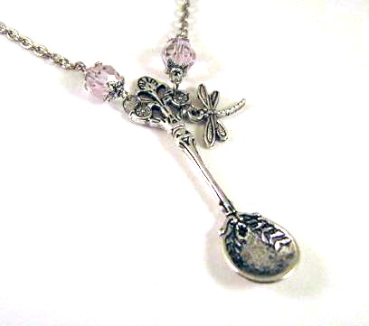 Teaspoon Necklace Jewelry With Light Pink Crystal Beads And Dragonfly Charm