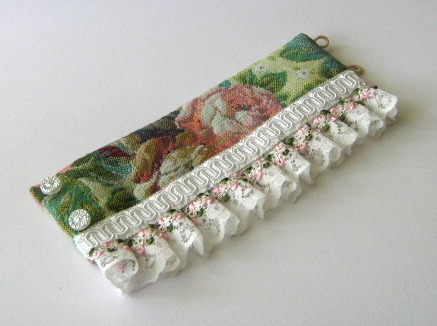 Green And Pink Fabric Cuff Bracelet With White Lace And Trim - Wristlet Cuff