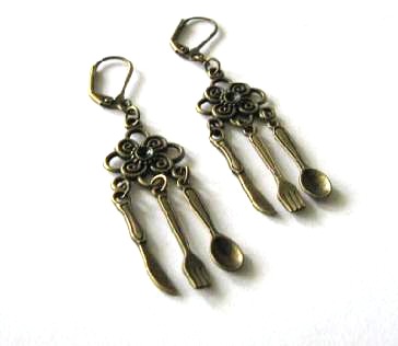 Knife Fork Spoon Earrings Jewelry - Antiqued Bronze Leverback With Flower Connector