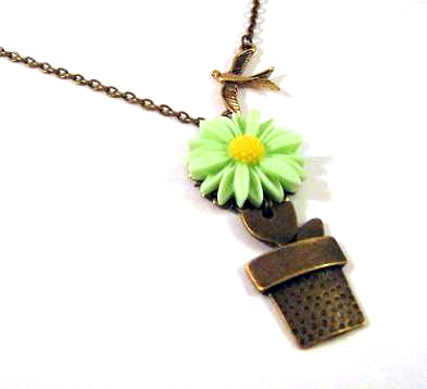 Bronzed Flowerpot With Light Green Sunflower Necklace Jewelry - Sparrow Necklace