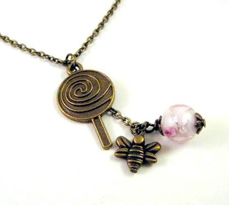 Lollipop And Bronzed Bee Necklace Jewelry With Pink Glass Bead