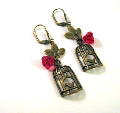 Bronzed Birdcage Earrings Jewelry With Leaves And Red Flower