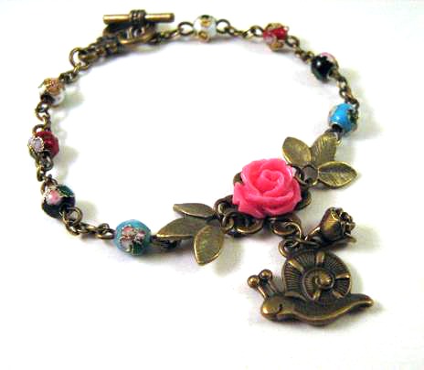 Bronzed Snail Bracelet Jewelry Resin Pink Rose Flower And Cloisonne Beads