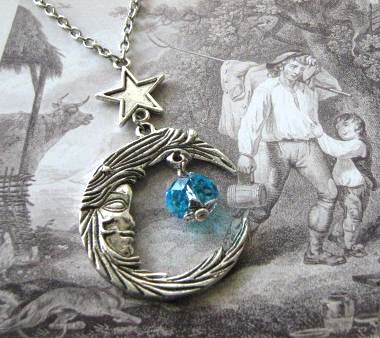 Antiqued Silver Moon And Star Necklace Jewelry With Blue Crystal - Moon Goddess - Celestial
