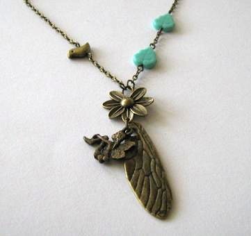 Bronzed Dragonfly Wing Necklace Jewelry With Tinkerbell Fairy Charm, Bird, Flower And Glass Turquoise Leaves