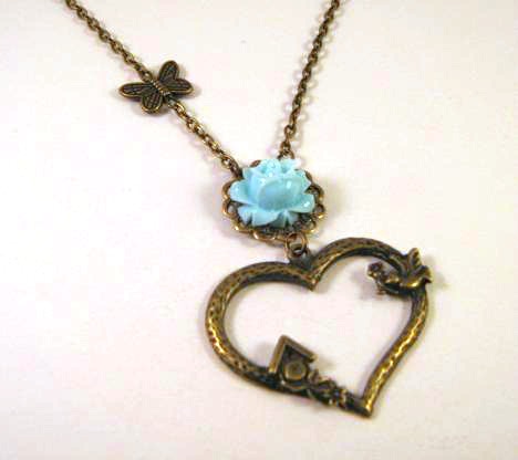 Blue Resin Flower Necklace Bronzed Heart Jewelry Sparrow Bird House Butterfly Charm