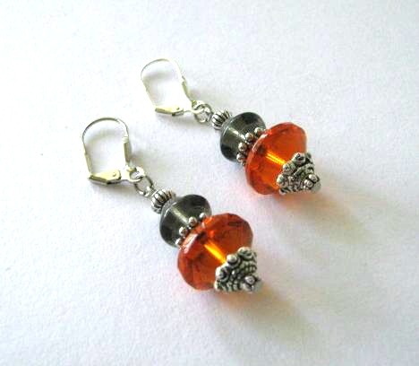 Grey And Amber Earrings Silver Leverback Czech Beads Jewelry